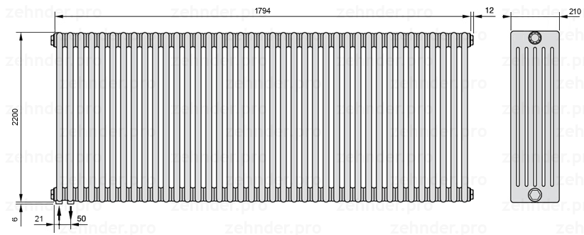 Схема (чертеж) Радиатор Zehnder Charleston 6220/39 №3370 Белый глянцевый RAL 9016